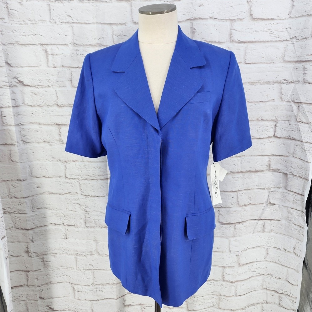 Vintage Oleg Cassini Linen Blend Blazer 10 Blue Career Office Longline Retro